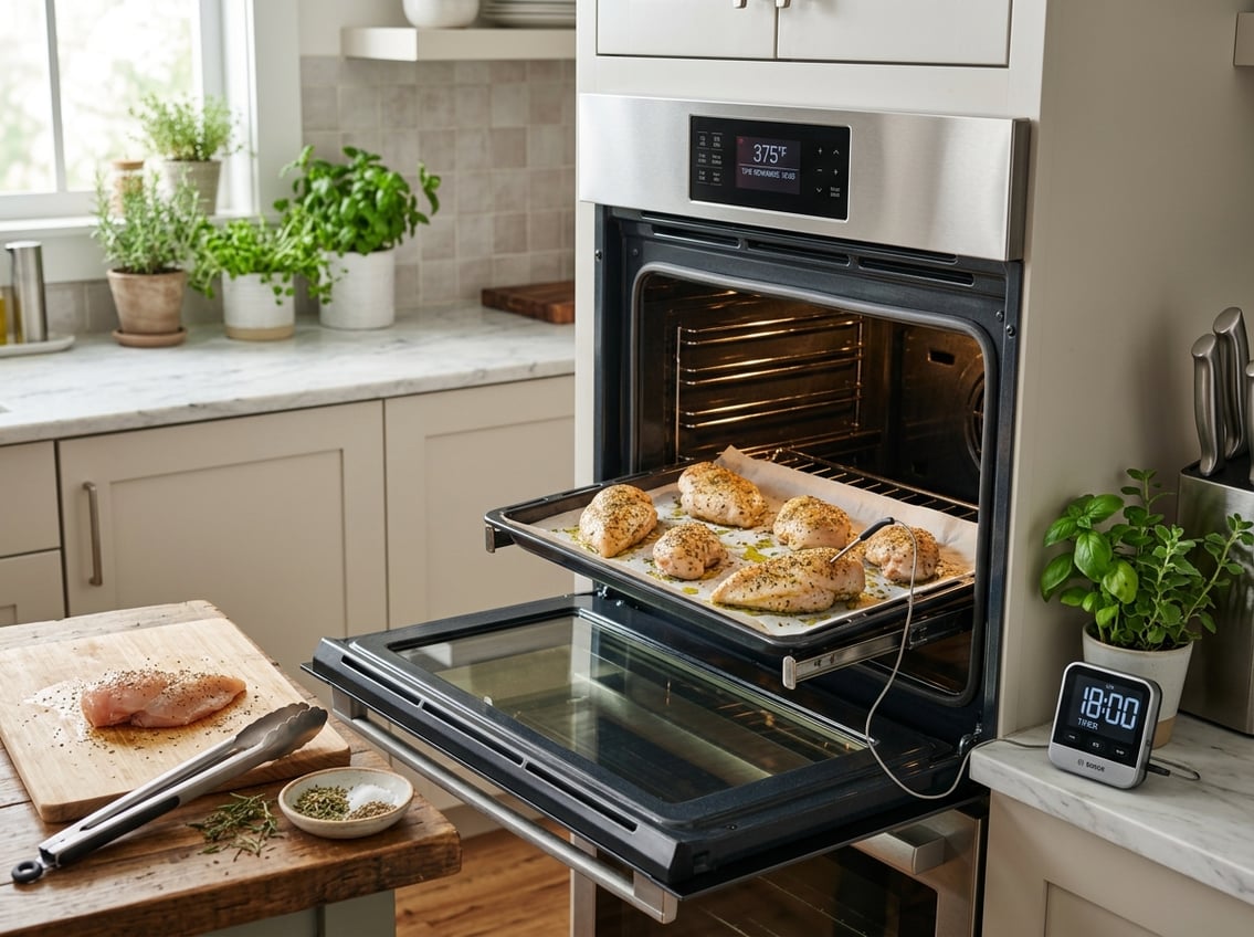 Chicken breasts of different sizes on a baking tray inside an open oven with a visible temperature display and kitchen timer nearby in a modern kitchen.