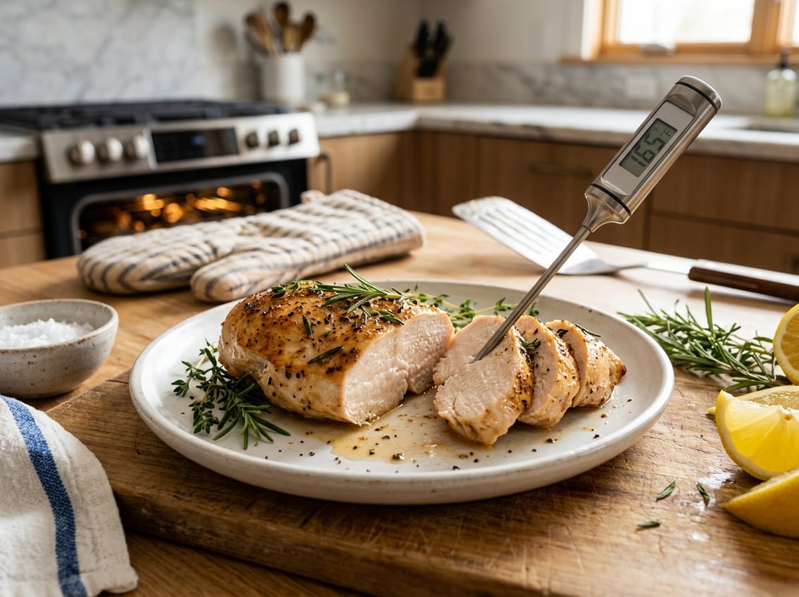 A cooked chicken breast on a white plate garnished with herbs, with a meat thermometer inserted and lemon wedges on a cutting board nearby.