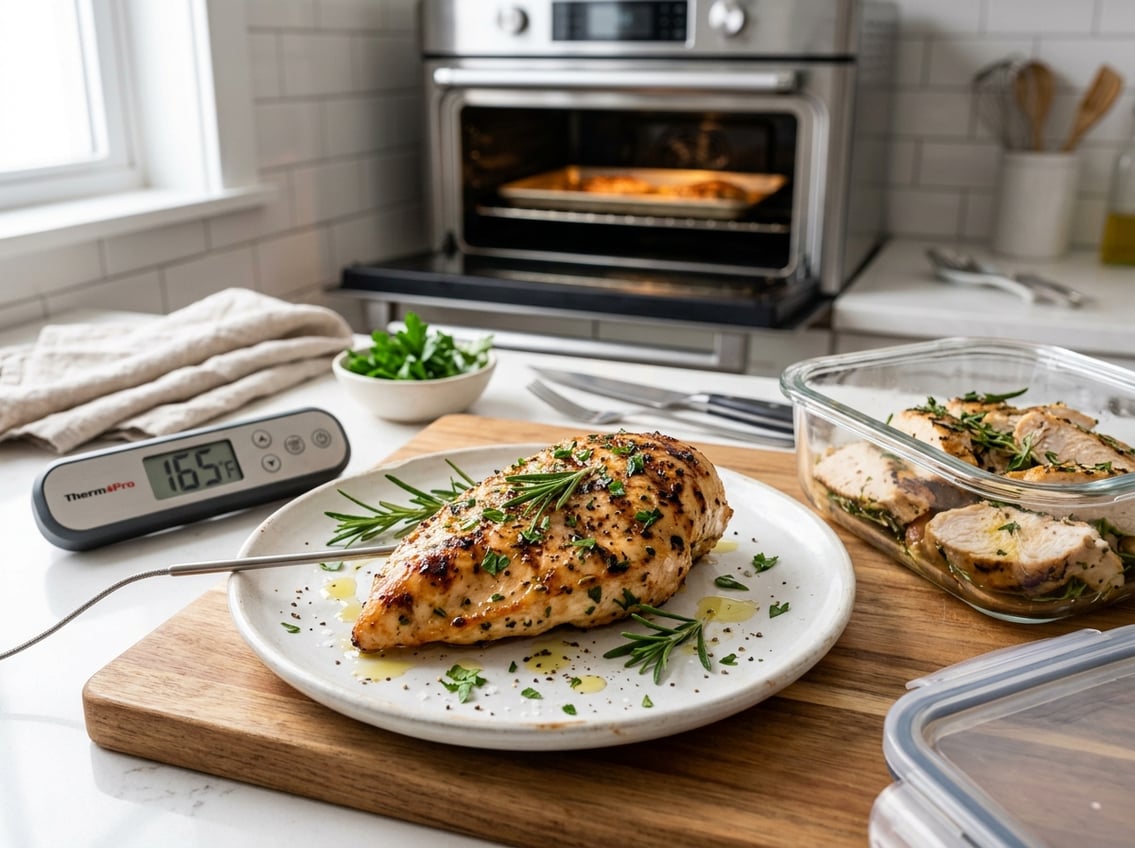 A cooked chicken breast on a plate with herbs, a glass container with leftover chicken, a kitchen thermometer, and an open oven in a bright kitchen.