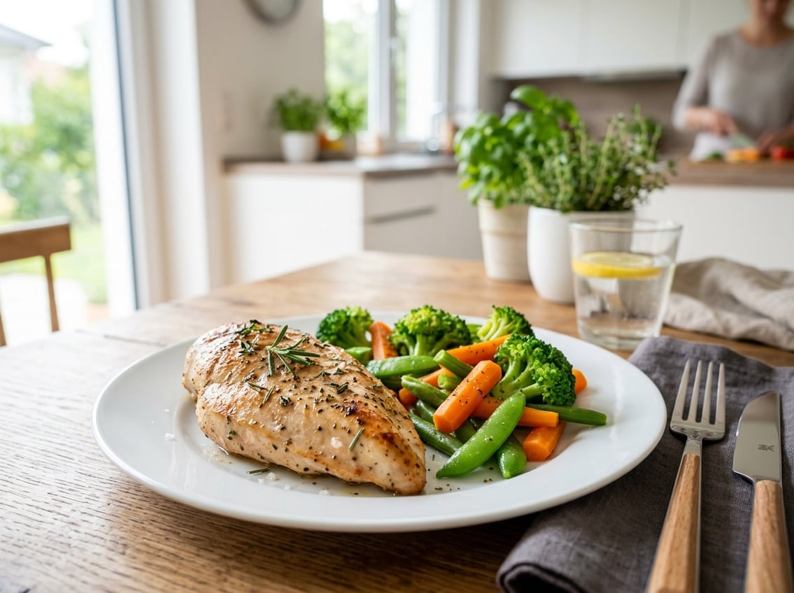 A cooked chicken breast on a white plate with steamed vegetables on a dining table.