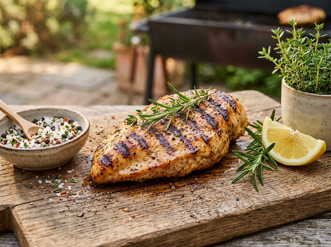 Close-up of a grilled chicken breast with grill marks on a wooden board surrounded by herbs and a lemon wedge.