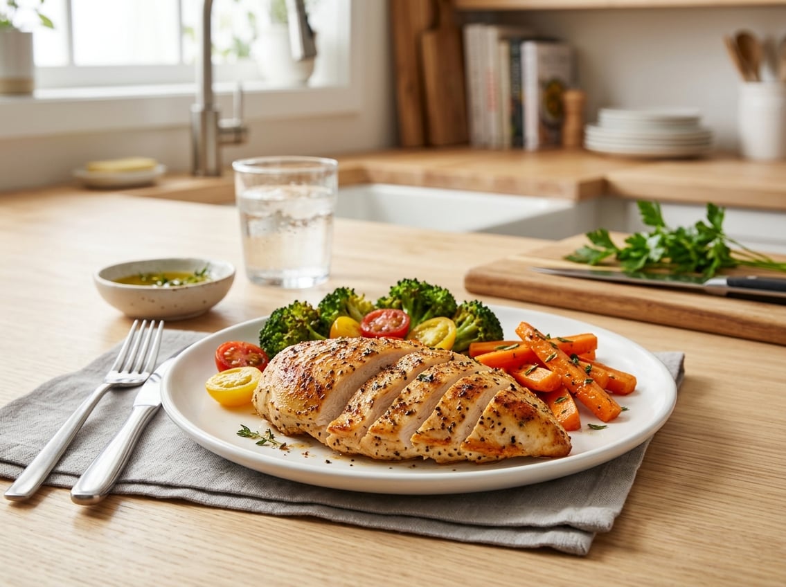 A cooked chicken breast on a plate with vegetables on a kitchen countertop.