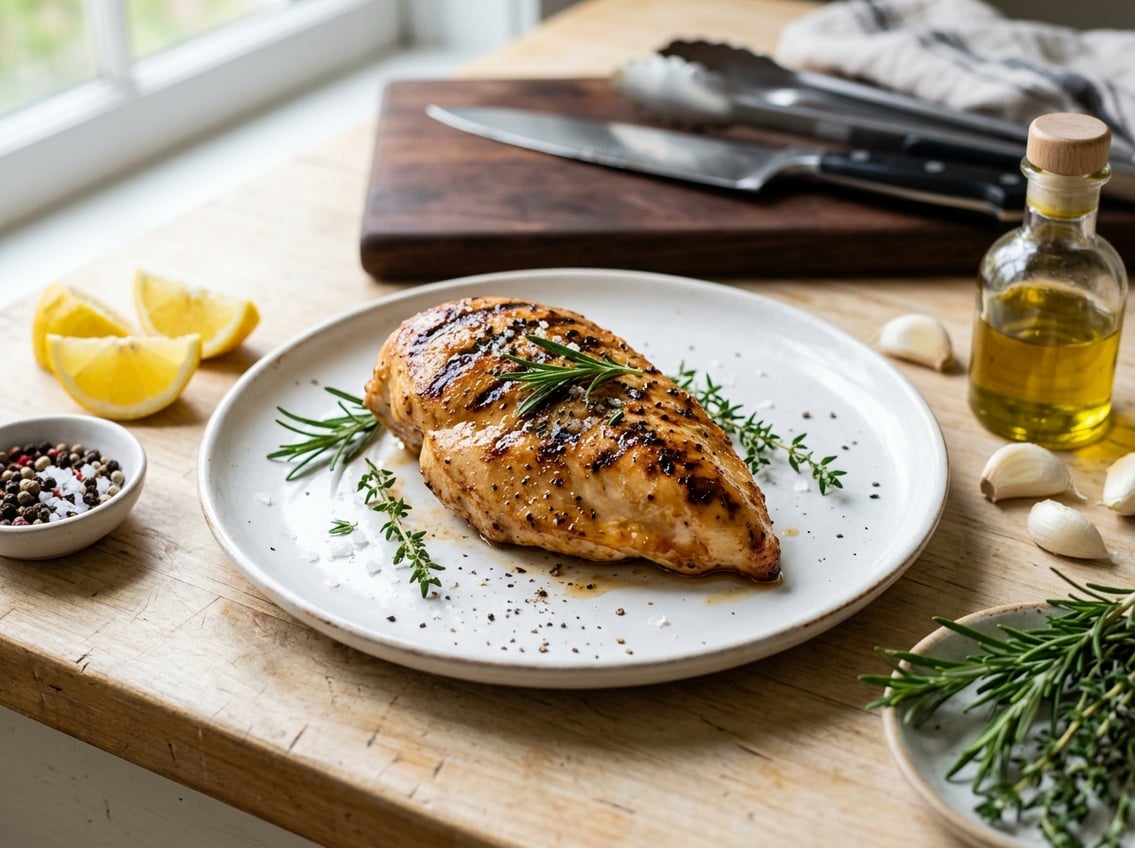 Close-up of a grilled chicken breast on a white plate with herbs, lemon wedges, and cooking ingredients around it.