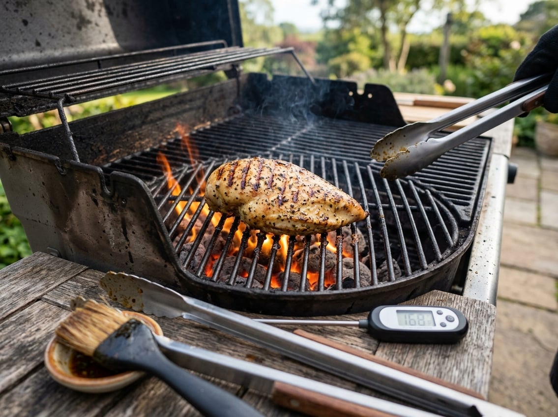 Grilled chicken breast cooking on a barbecue grill with grilling tools nearby on a wooden table outdoors.