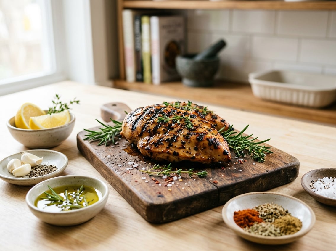Grilled chicken breast with herbs and small bowls of spices and lemon wedges on a wooden cutting board in a bright kitchen.