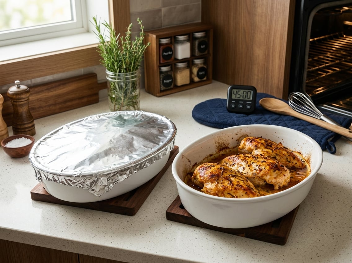 Two baking dishes with chicken breasts, one covered with foil and one uncovered, on a kitchen countertop.