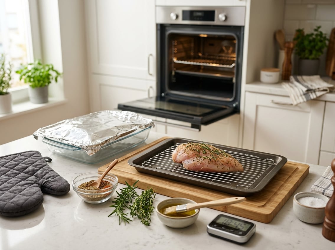 A kitchen countertop with raw chicken breast on a baking tray, a glass baking dish partially covered with foil, fresh herbs, seasoning, and a digital timer near an open oven.