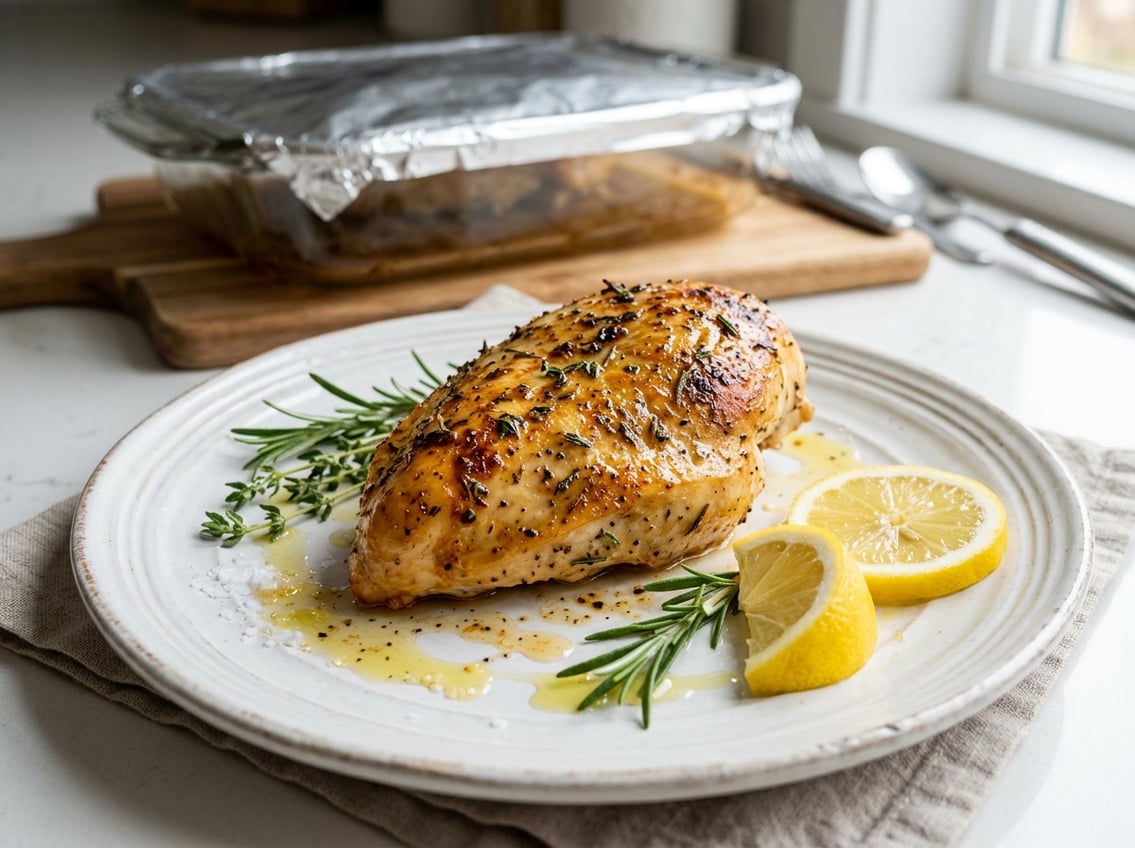 A juicy baked chicken breast on a white plate garnished with fresh herbs and lemon slices, with a glass baking dish in the background.