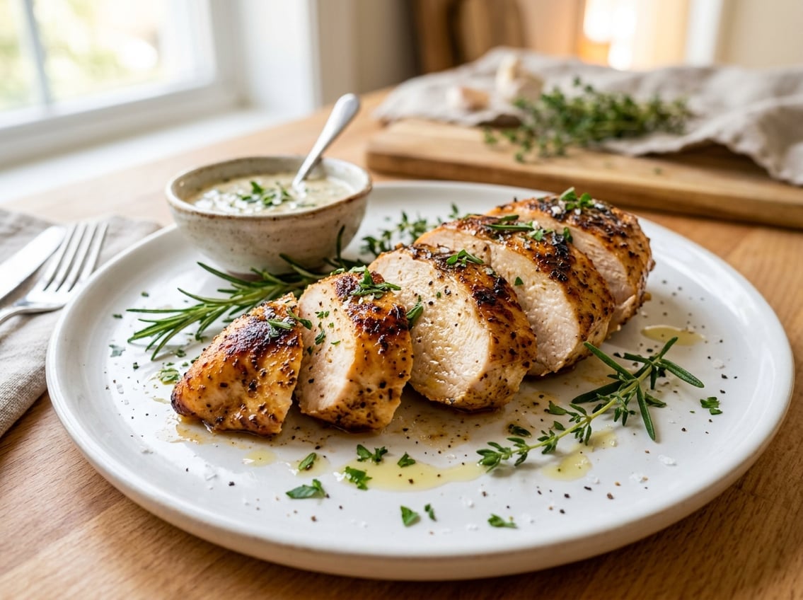 Close-up of sliced cooked chicken breast on a plate with fresh herbs and dipping sauce in a bright kitchen.