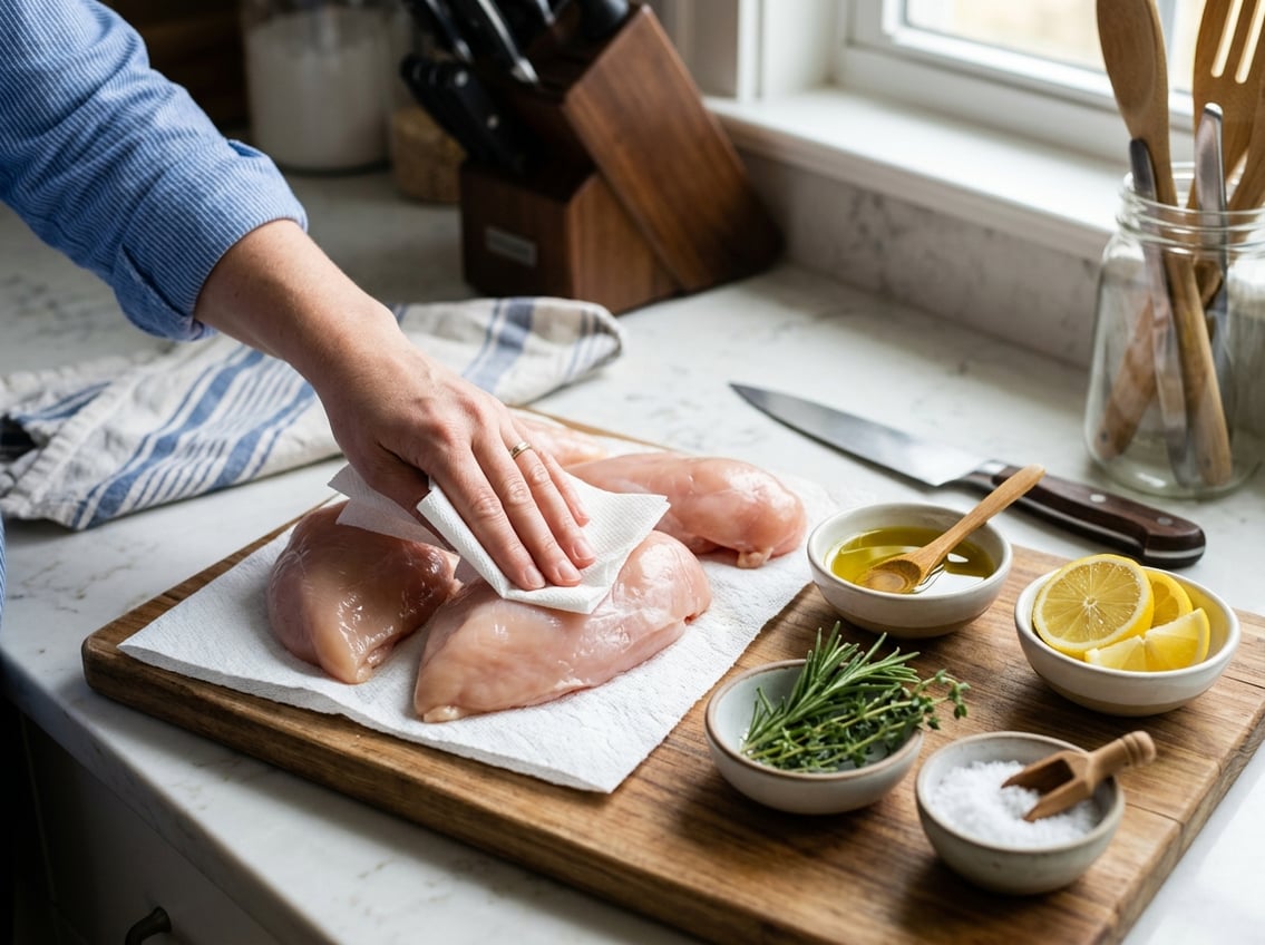 Fresh chicken breasts on a kitchen countertop being patted dry with paper towels, surrounded by bowls of olive oil, lemon slices, and fresh herbs.