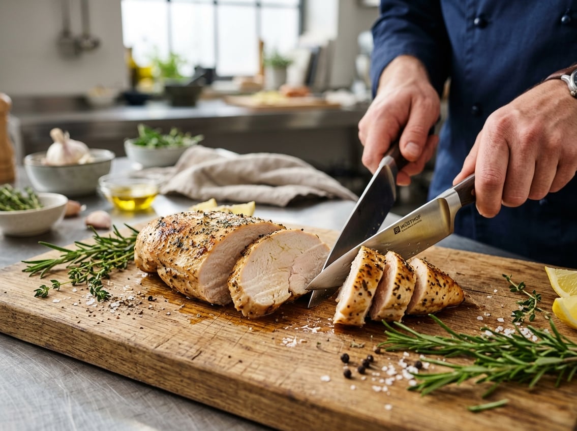 Close-up of a sliced chicken breast showing juicy, tender meat on a cutting board with herbs and a hand holding a knife in a kitchen.