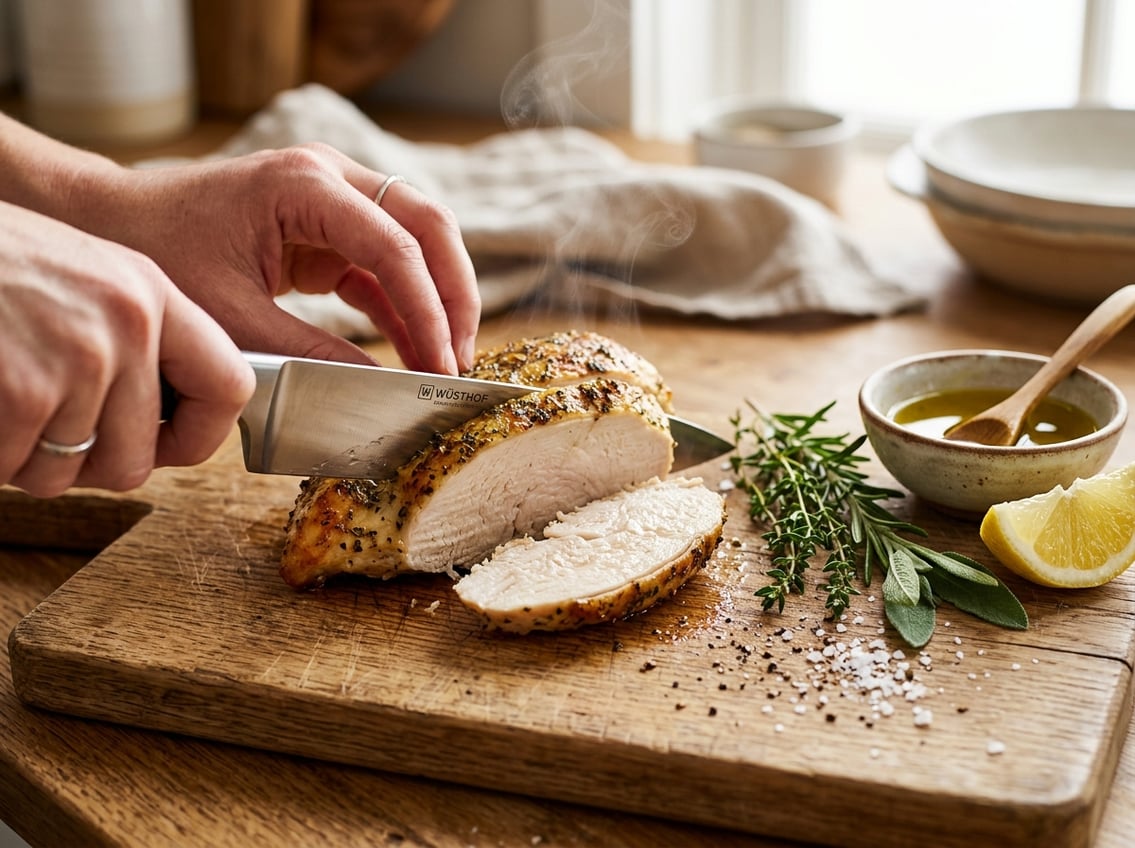 Close-up of a sliced juicy chicken breast on a wooden cutting board with herbs and lemon nearby.