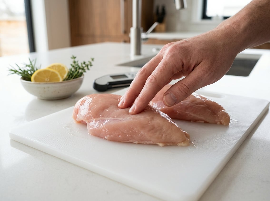 Close-up of raw chicken breasts on a cutting board with a hand pressing one piece, surrounded by herbs and lemon slices in a kitchen.