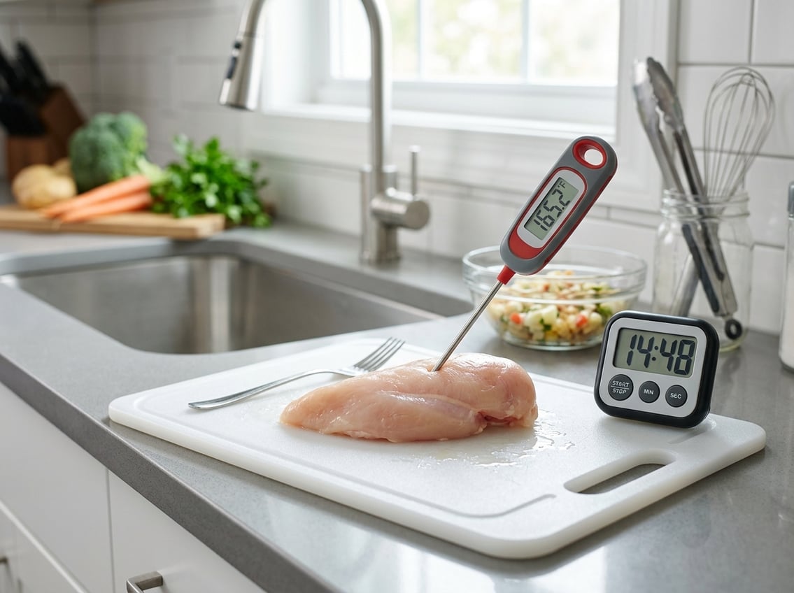 Raw chicken breast on a cutting board with a digital thermometer and a kitchen timer in a clean kitchen setting.