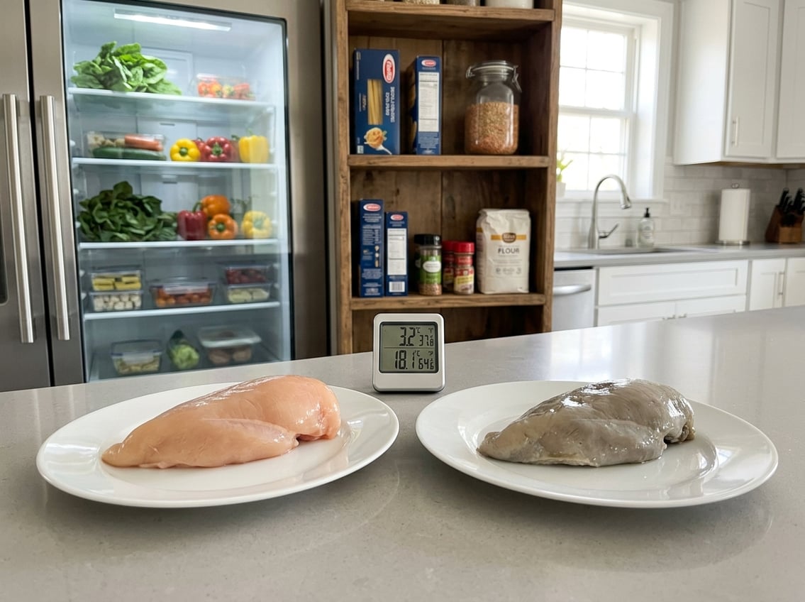 Two raw chicken breasts on plates in a kitchen, one fresh and one spoiled, with a refrigerator and pantry in the background.