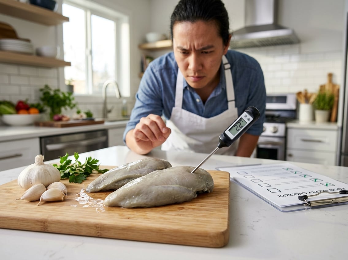 A person inspecting raw chicken breasts on a cutting board with a meat thermometer in a kitchen.
