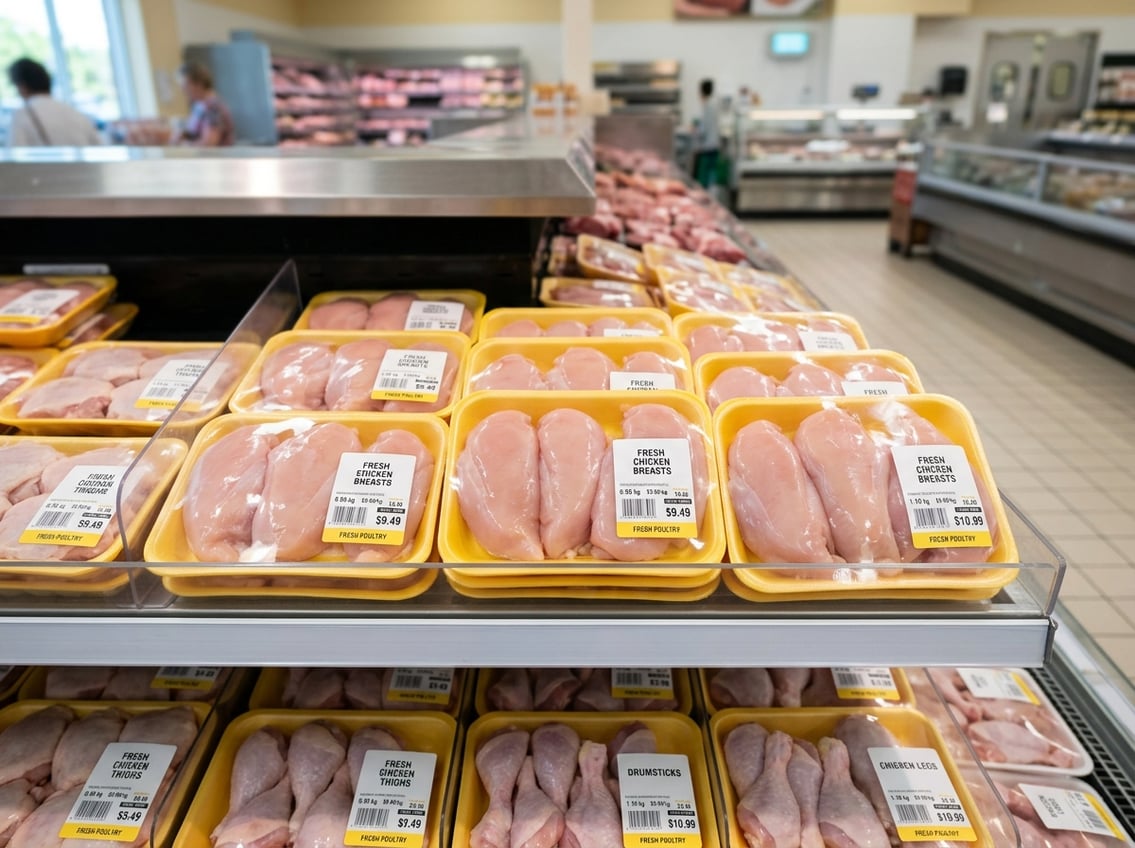 Fresh chicken breasts displayed in a grocery store meat section with other chicken cuts around them.