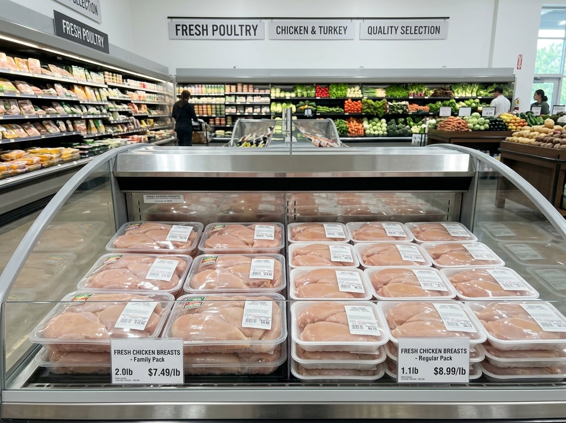 A supermarket display case with neatly packaged raw chicken breasts and price tags in a clean grocery store.