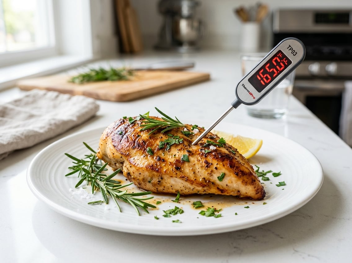 A cooked chicken breast on a plate with a meat thermometer inserted showing the safe finished temperature.