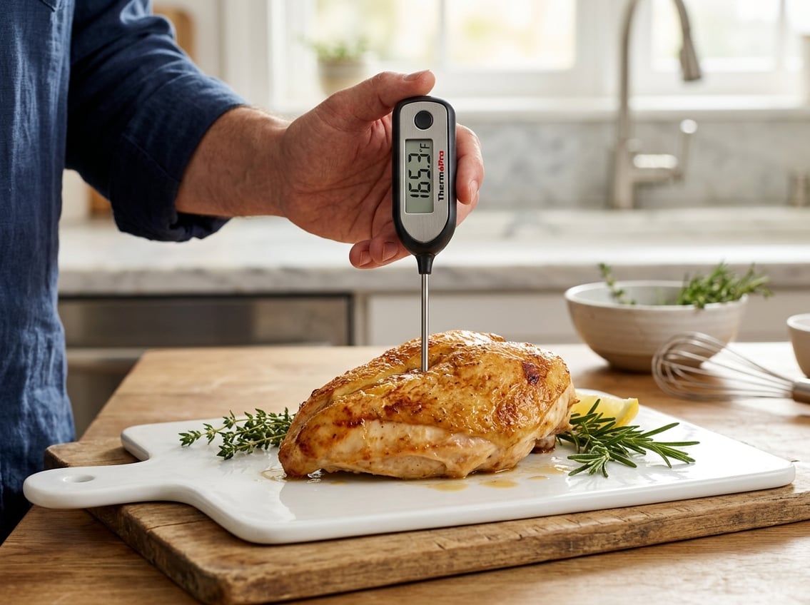 Close-up of a cooked chicken breast with a digital meat thermometer showing the temperature in a kitchen.