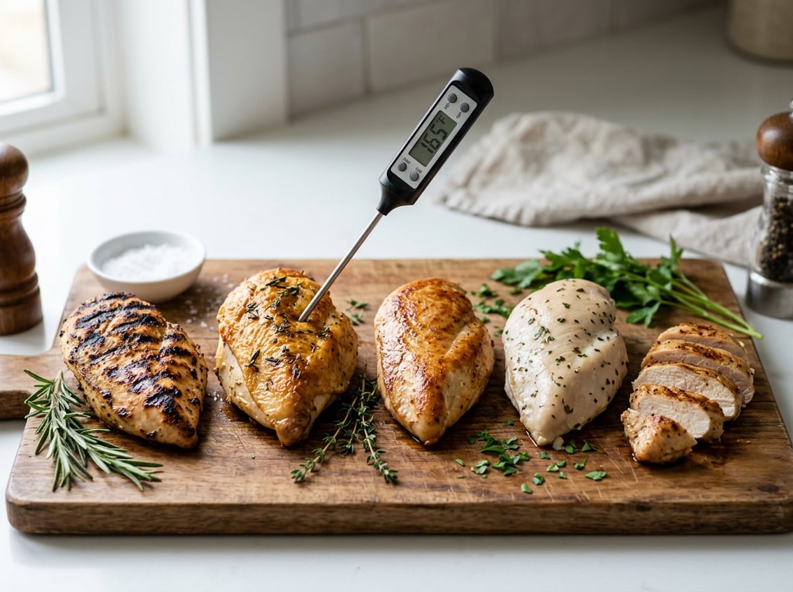 Various cooked chicken breasts prepared by different methods arranged on a board with a meat thermometer showing the internal temperature.