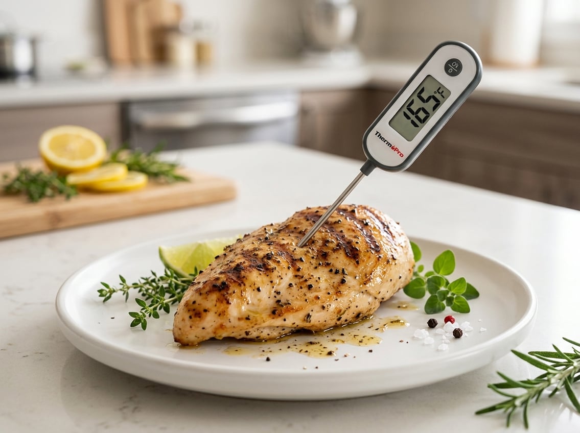Close-up of a cooked chicken breast with a digital thermometer inserted, on a white plate with fresh herbs in a kitchen setting.