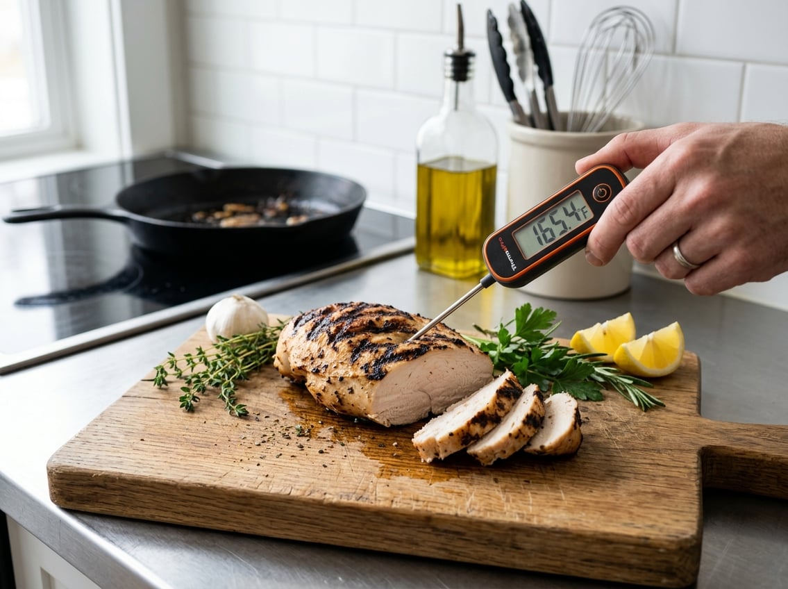 Close-up of a sliced cooked chicken breast with a meat thermometer inserted, placed on a wooden cutting board with fresh herbs and lemon wedges nearby in a kitchen setting.