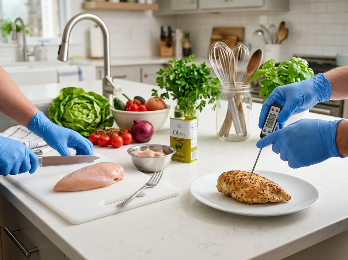 A person using a food thermometer to check the temperature of cooked chicken breast on a plate, with raw chicken breast on a cutting board nearby in a kitchen.