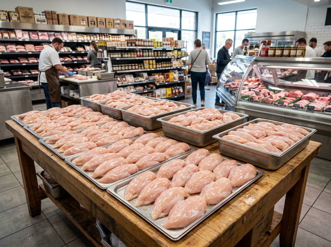 Large quantities of fresh raw chicken breasts displayed on trays in a clean wholesale grocery store.