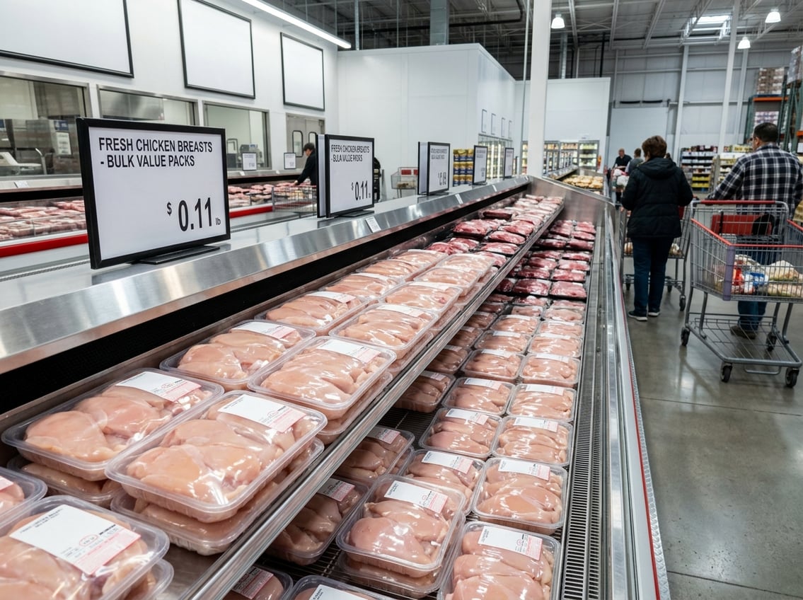 A grocery store aisle with neatly arranged bulk packages of fresh chicken breasts on refrigerated shelves.