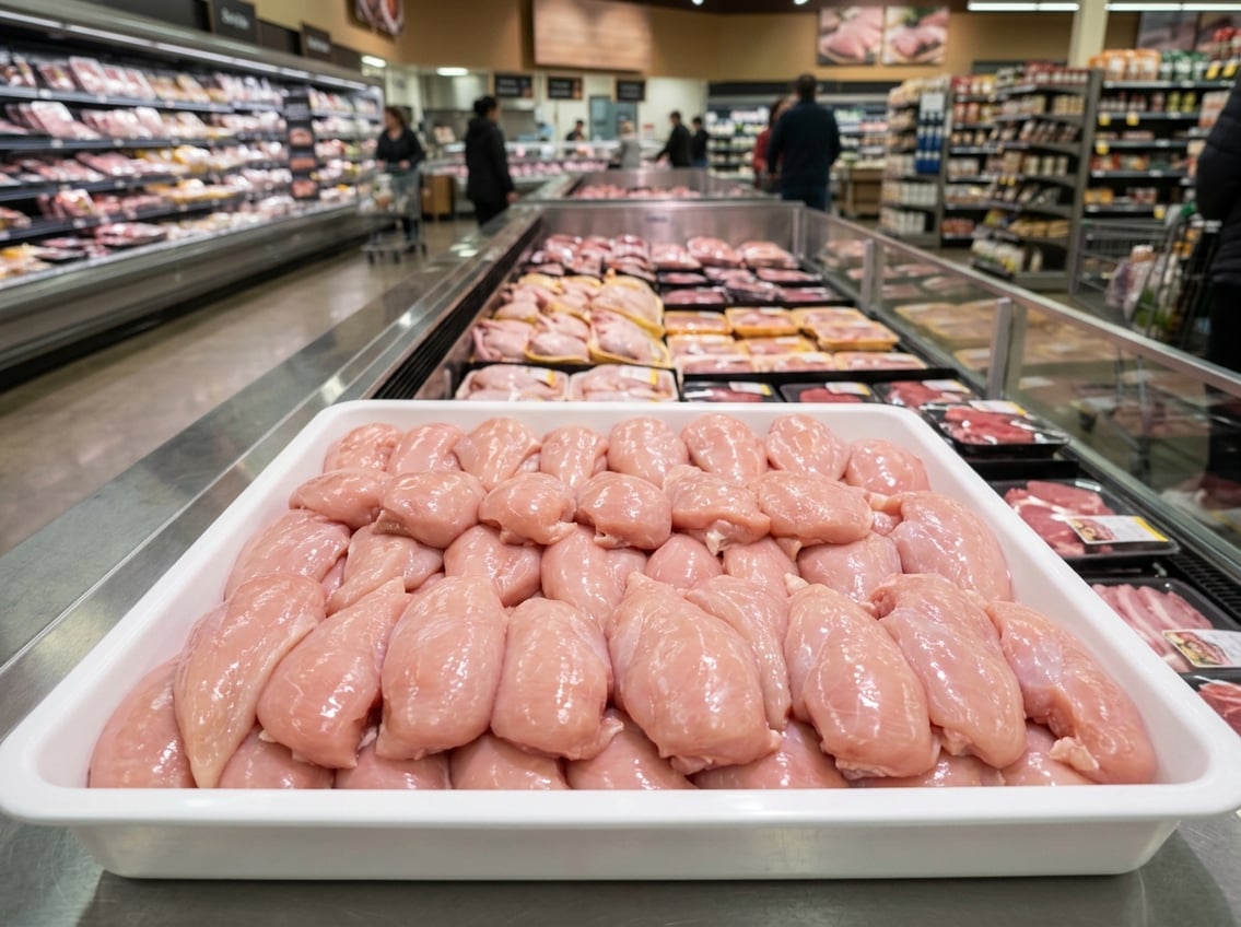 A large tray filled with fresh raw chicken breasts in a grocery store or market setting.
