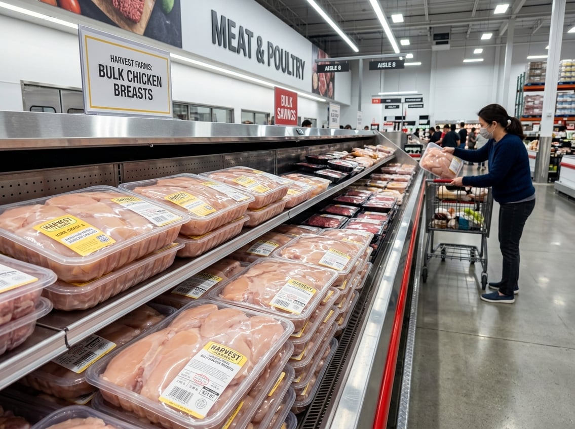 A shopper selecting packages of bulk chicken breasts in a bright, clean grocery store aisle with neatly stacked trays of chicken.