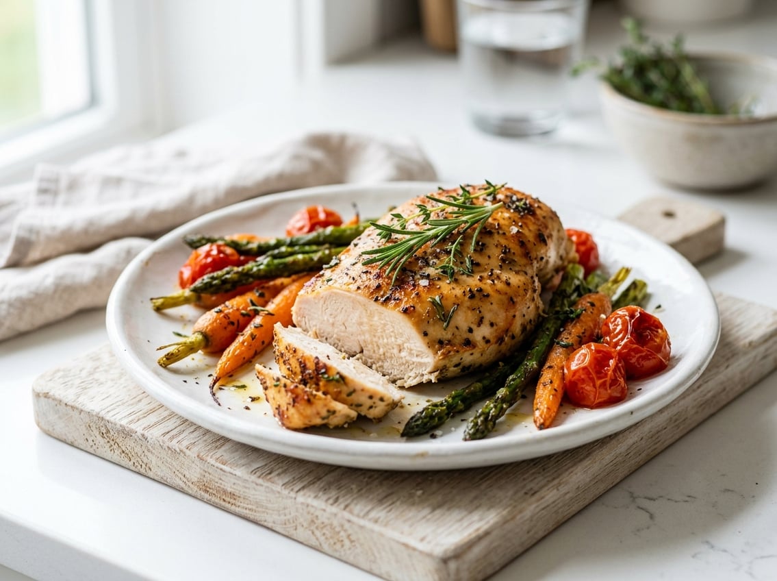 A juicy baked chicken breast on a plate garnished with fresh herbs and served with roasted vegetables.