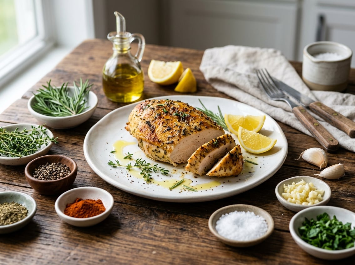Cooked chicken breast on a plate surrounded by bowls of herbs, spices, lemon wedges, garlic, and olive oil on a wooden table.