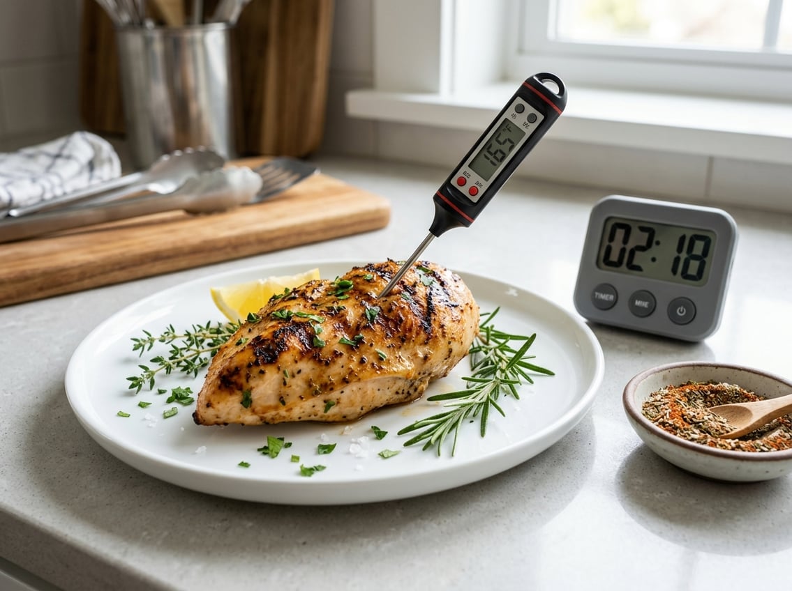 A baked chicken breast on a plate with a kitchen thermometer, timer, and herbs on a countertop.