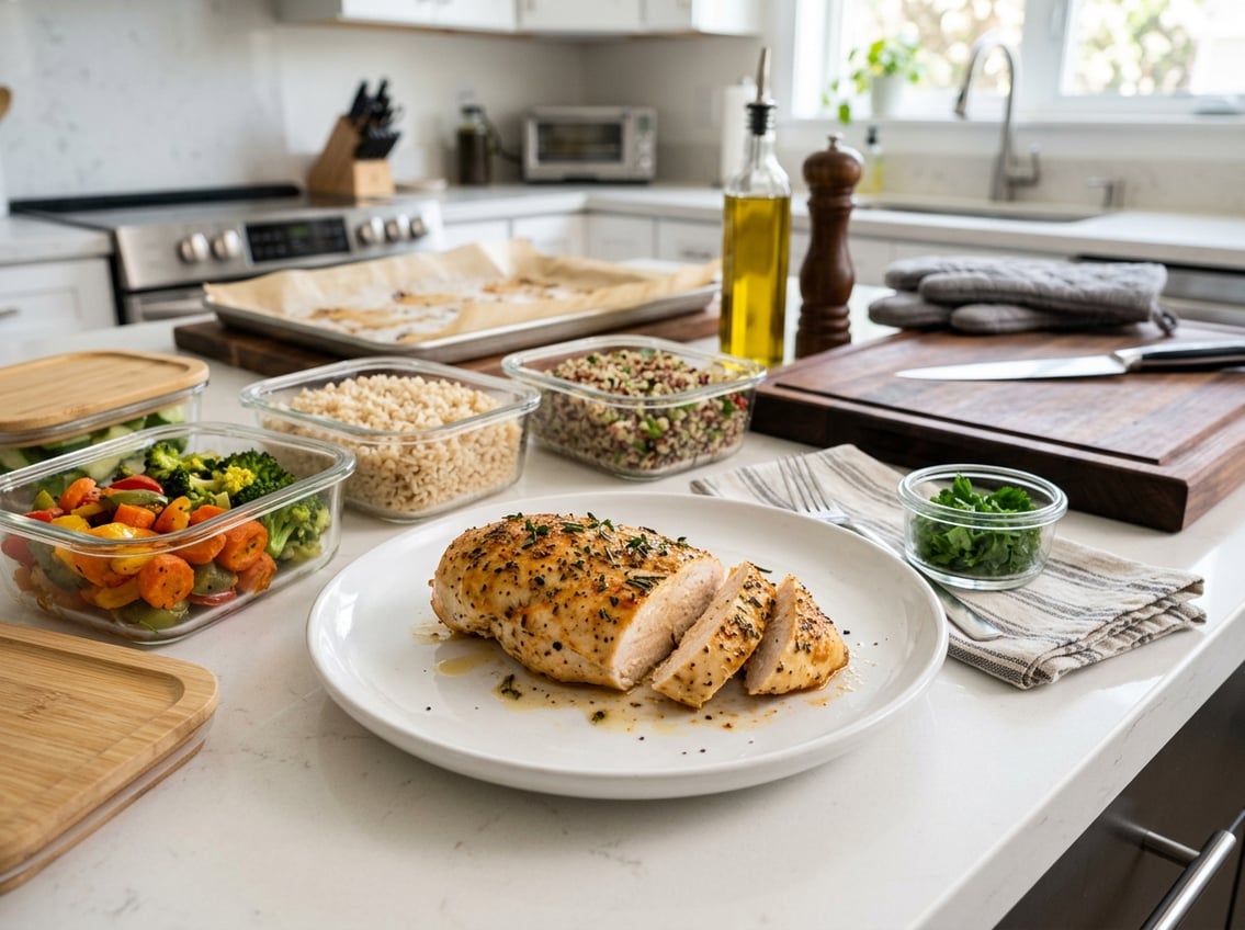 A baked chicken breast on a plate with glass containers of leftovers on a kitchen countertop.
