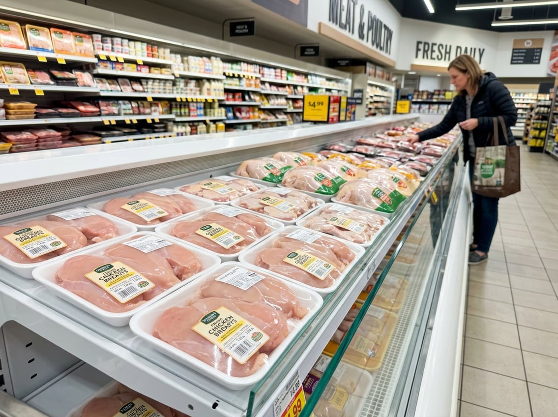 Fresh chicken breasts displayed on trays in a grocery store meat section with a shopper in the background.