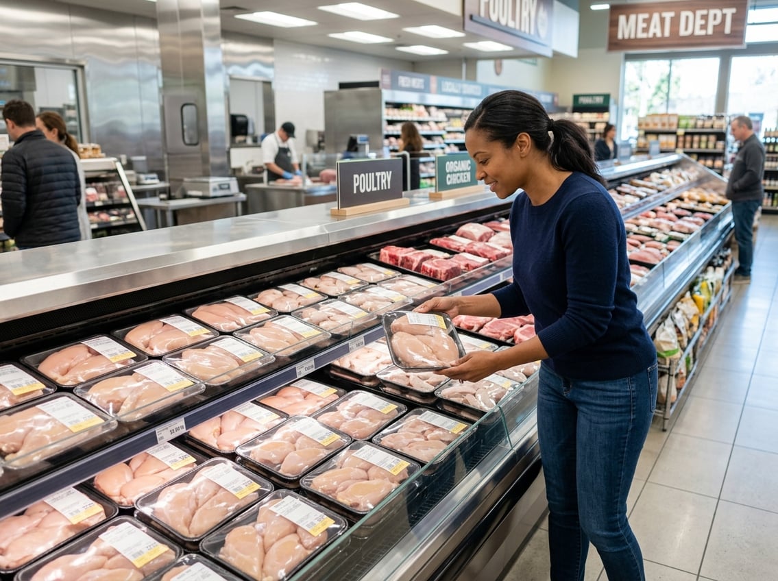 A customer selecting fresh chicken breasts from a refrigerated display case in a grocery store meat section.