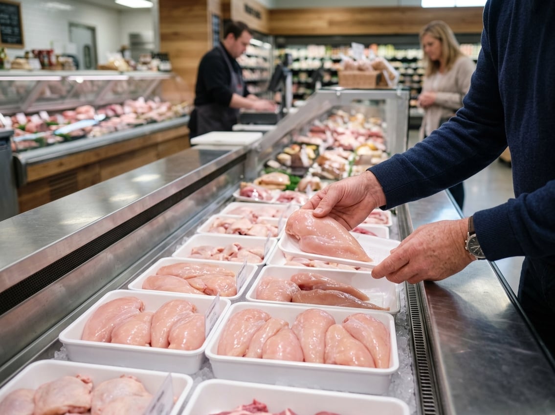A person inspecting fresh chicken breasts displayed on a refrigerated counter in a grocery store.