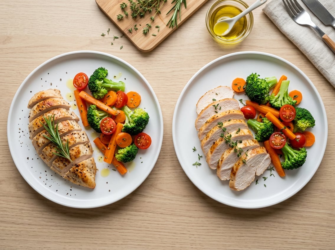 Two plates on a kitchen table, one with sliced chicken breast and vegetables, the other with sliced turkey breast and vegetables.