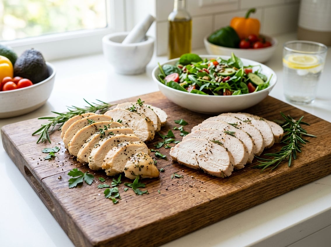 Two sliced portions of chicken breast and turkey breast on a wooden cutting board with fresh herbs and a bowl of salad in the background.