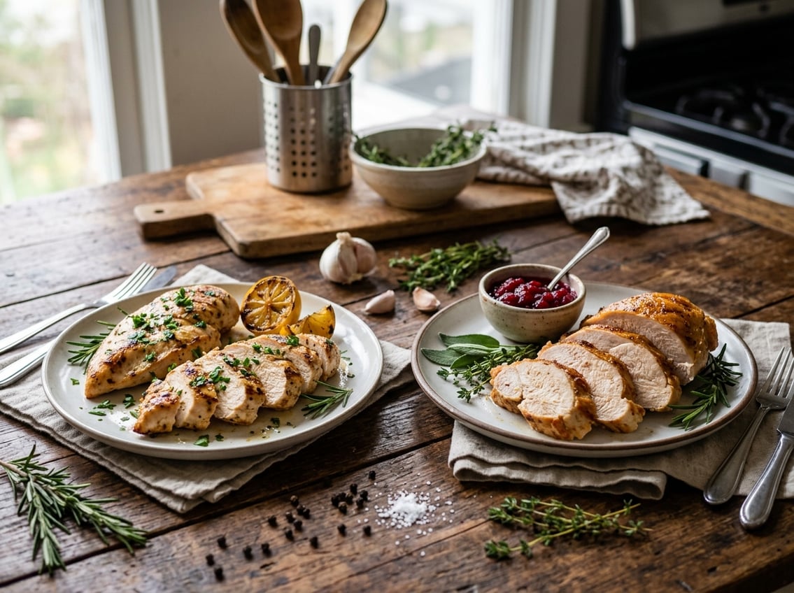 Two plates on a wooden table with grilled chicken breast slices on one and roasted turkey breast slices on the other, each garnished with herbs and lemon, surrounded by fresh ingredients.