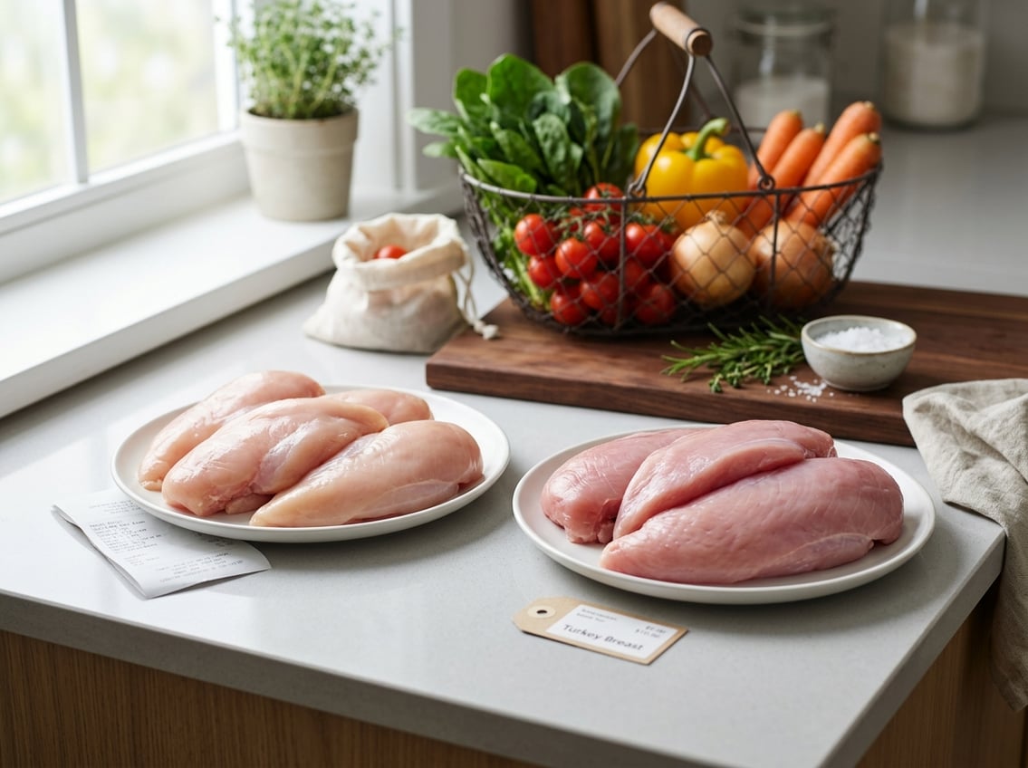 A kitchen countertop with raw chicken breasts and turkey breasts on separate plates, accompanied by a grocery receipt, price tag, and a shopping basket with vegetables.