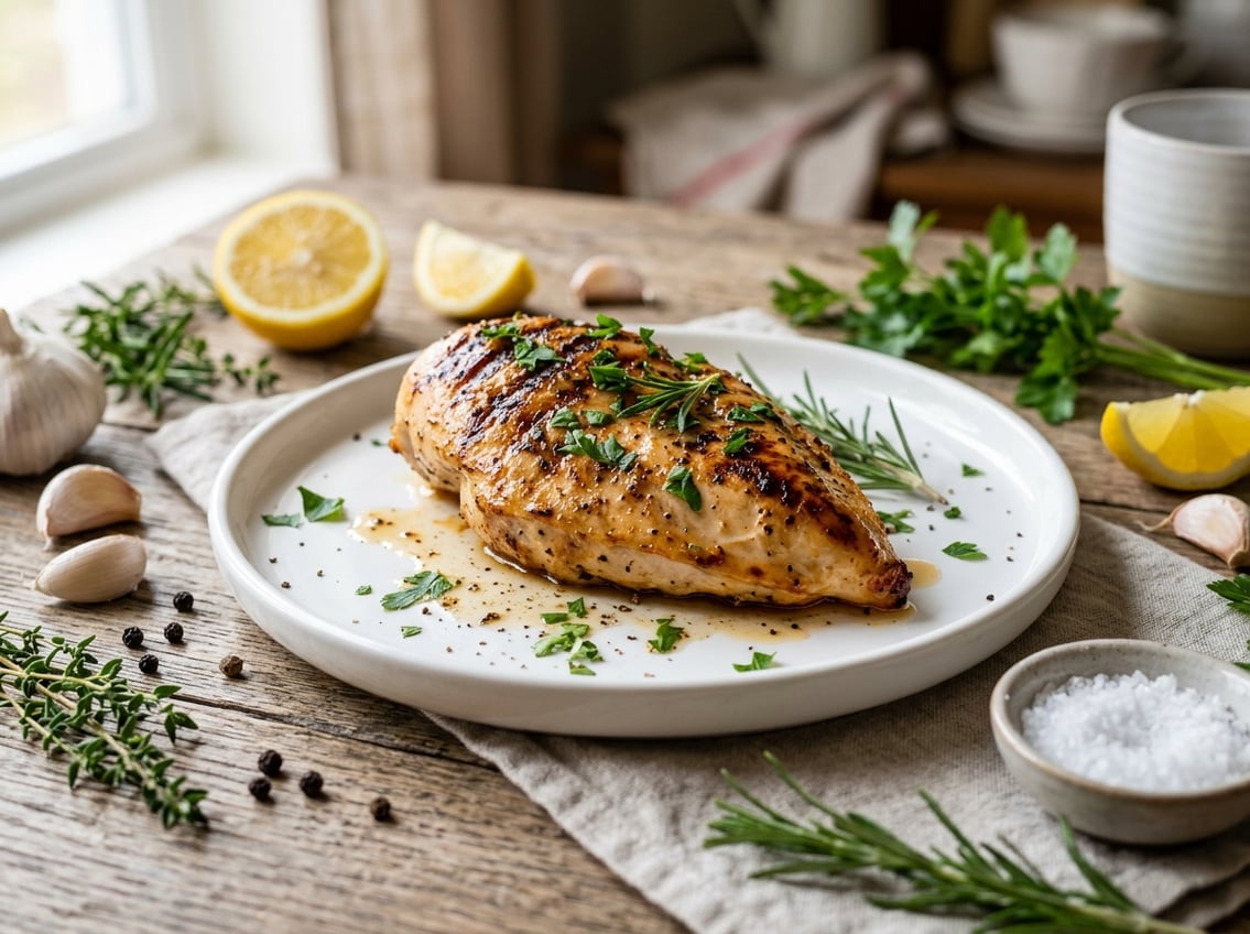 A cooked chicken breast garnished with fresh herbs on a plate surrounded by garlic, lemon wedges, and herbs on a wooden table.