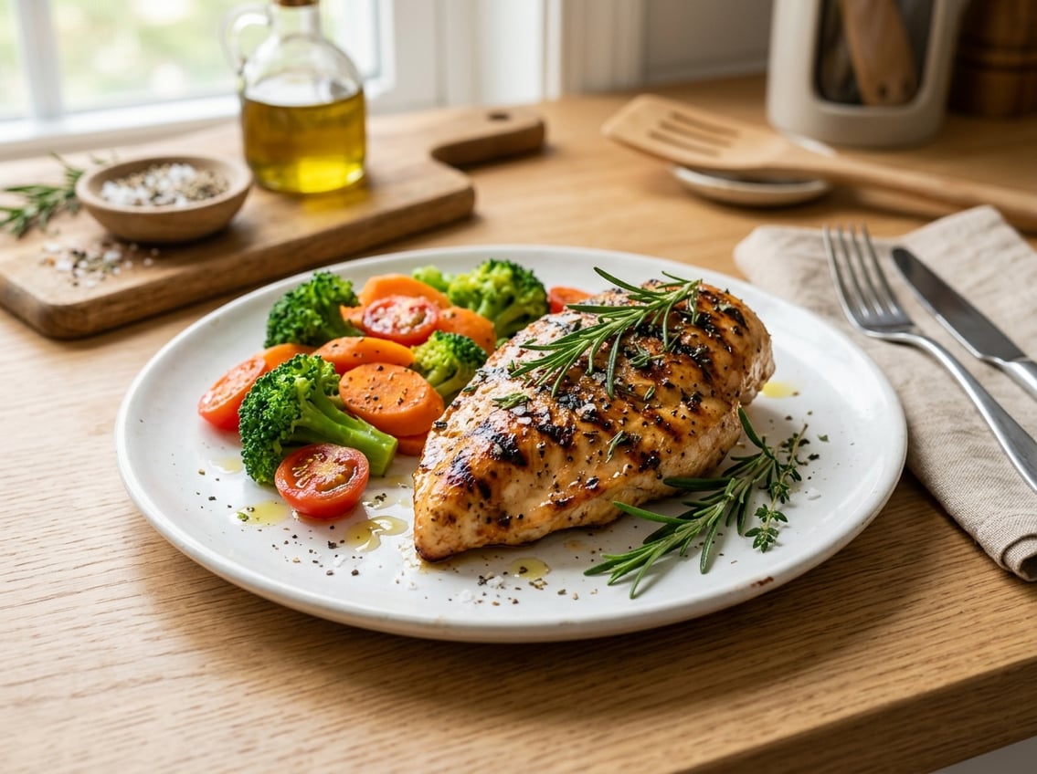 A cooked chicken breast garnished with herbs on a white plate with steamed vegetables on a kitchen countertop.