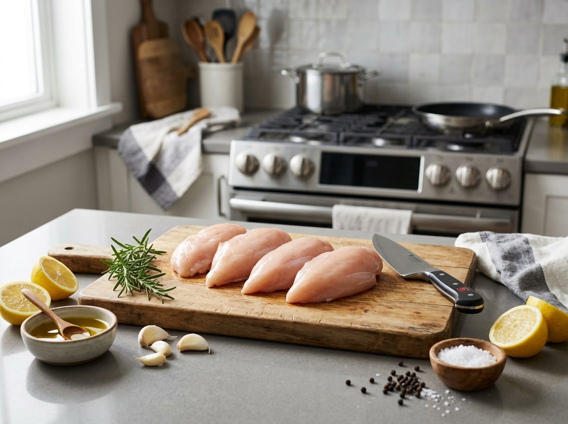 Fresh raw chicken breasts on a cutting board with a chef's knife and fresh herbs in a kitchen setting.
