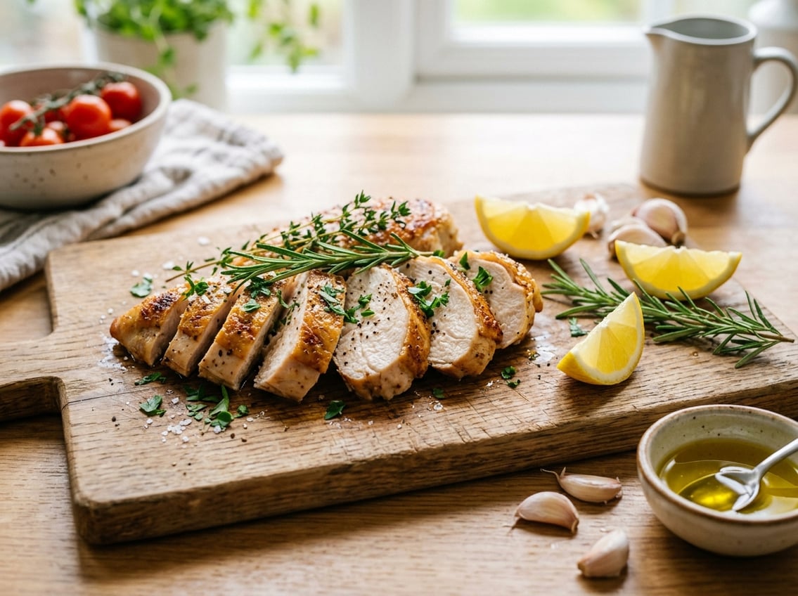 Sliced cooked chicken breast on a wooden cutting board with herbs, lemon wedges, and garlic in a bright kitchen.