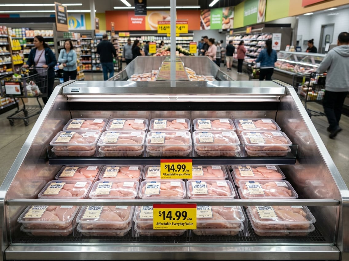 Fresh chicken breasts neatly packaged and displayed in a well-lit supermarket poultry section with shoppers in the background.