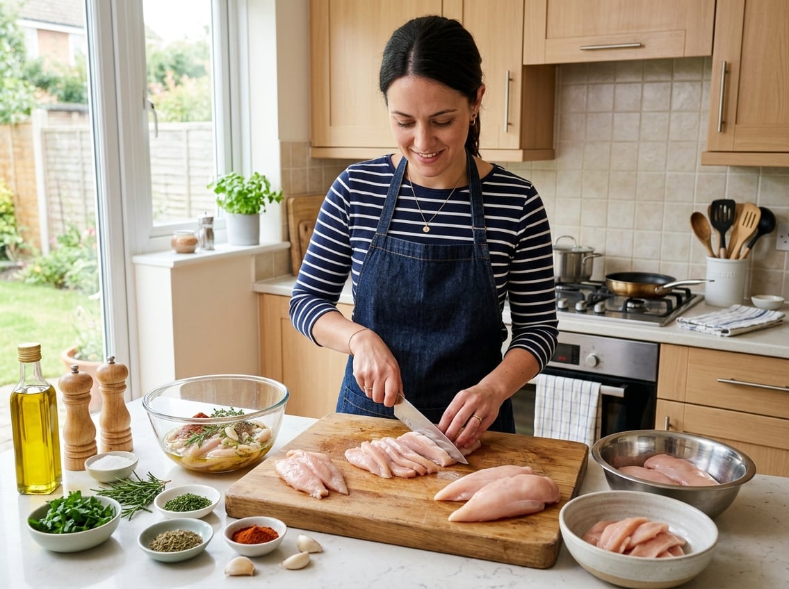 Person slicing raw chicken breasts on a cutting board in a bright kitchen with fresh herbs and spices nearby.