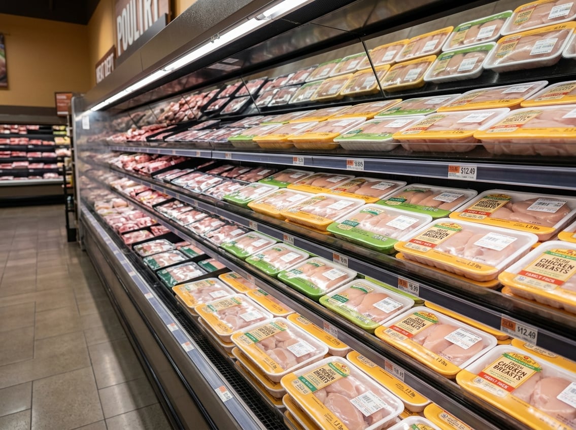 Refrigerated supermarket shelf displaying various packages of fresh chicken breasts in clear packaging.